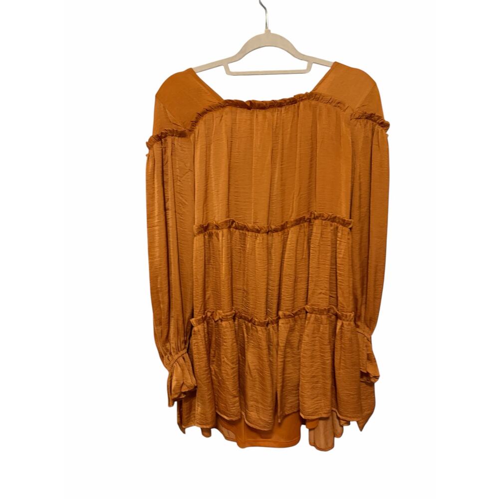 Glam Women’s Small Mustard Orange Long Sleeve Round Neck Ruffled Midi Dress - Picture 8 of 13